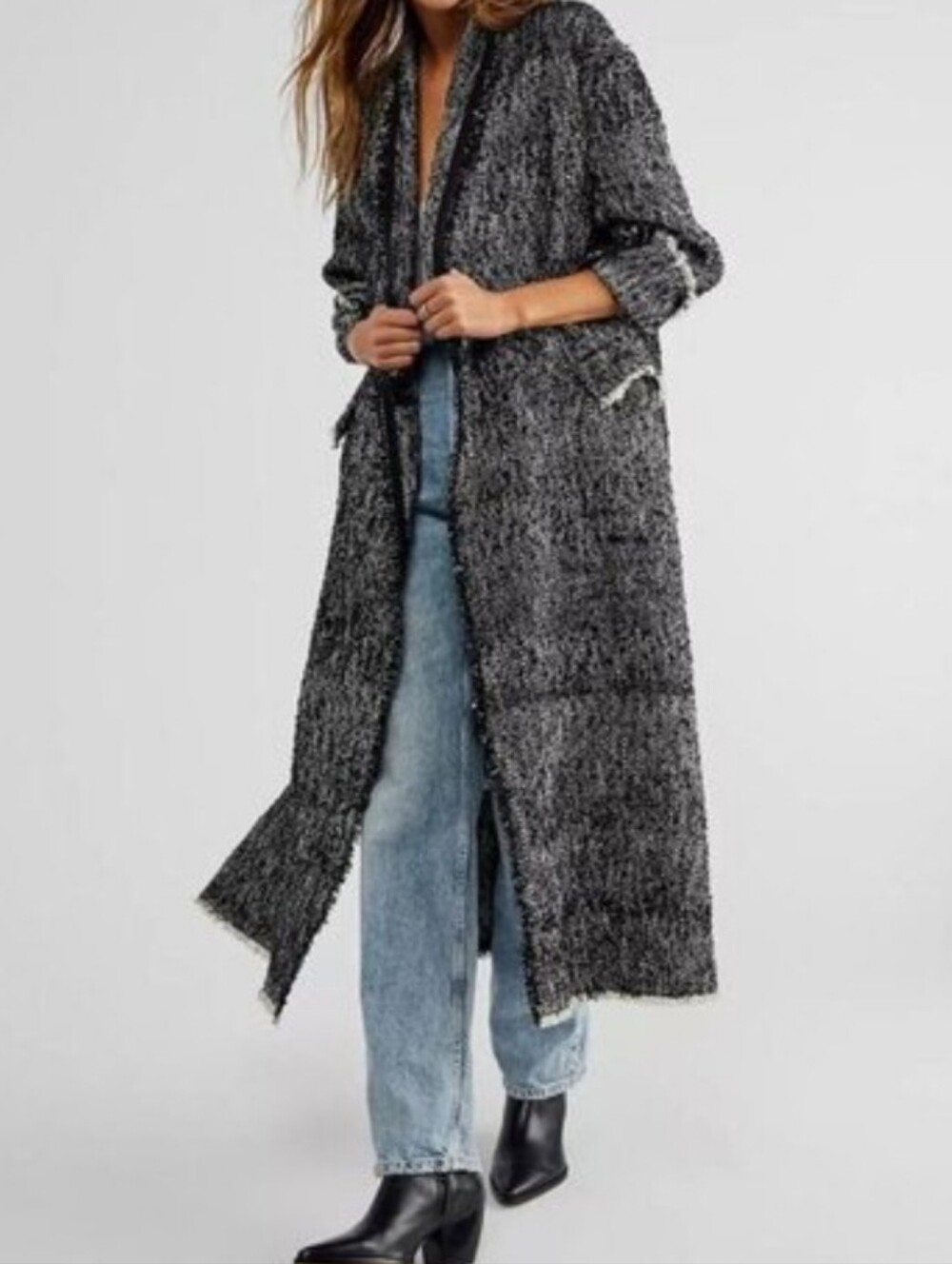 Free People Black White Tweed Duster Coat Jacket Oversized XXS Boho EUC
